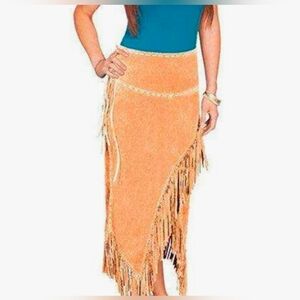 Scully Long Western Fringe Suede Skirt In Tan